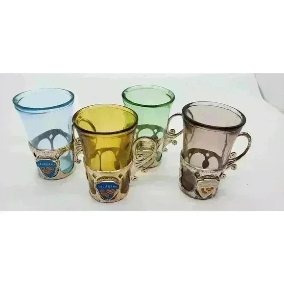 Vintage California Souvenir Shot Glasses Silver Handled Holders Set Of 4 1950s - Picture 2 of 14
